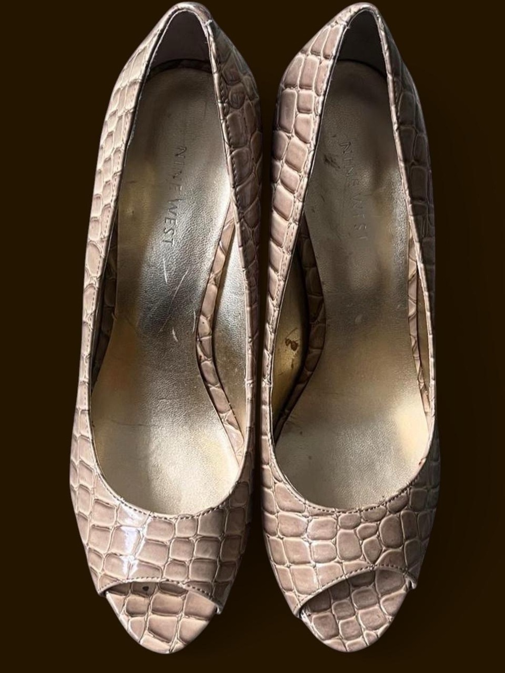Nine West Taupe Croc-Embossed Peep-Toe Pumps